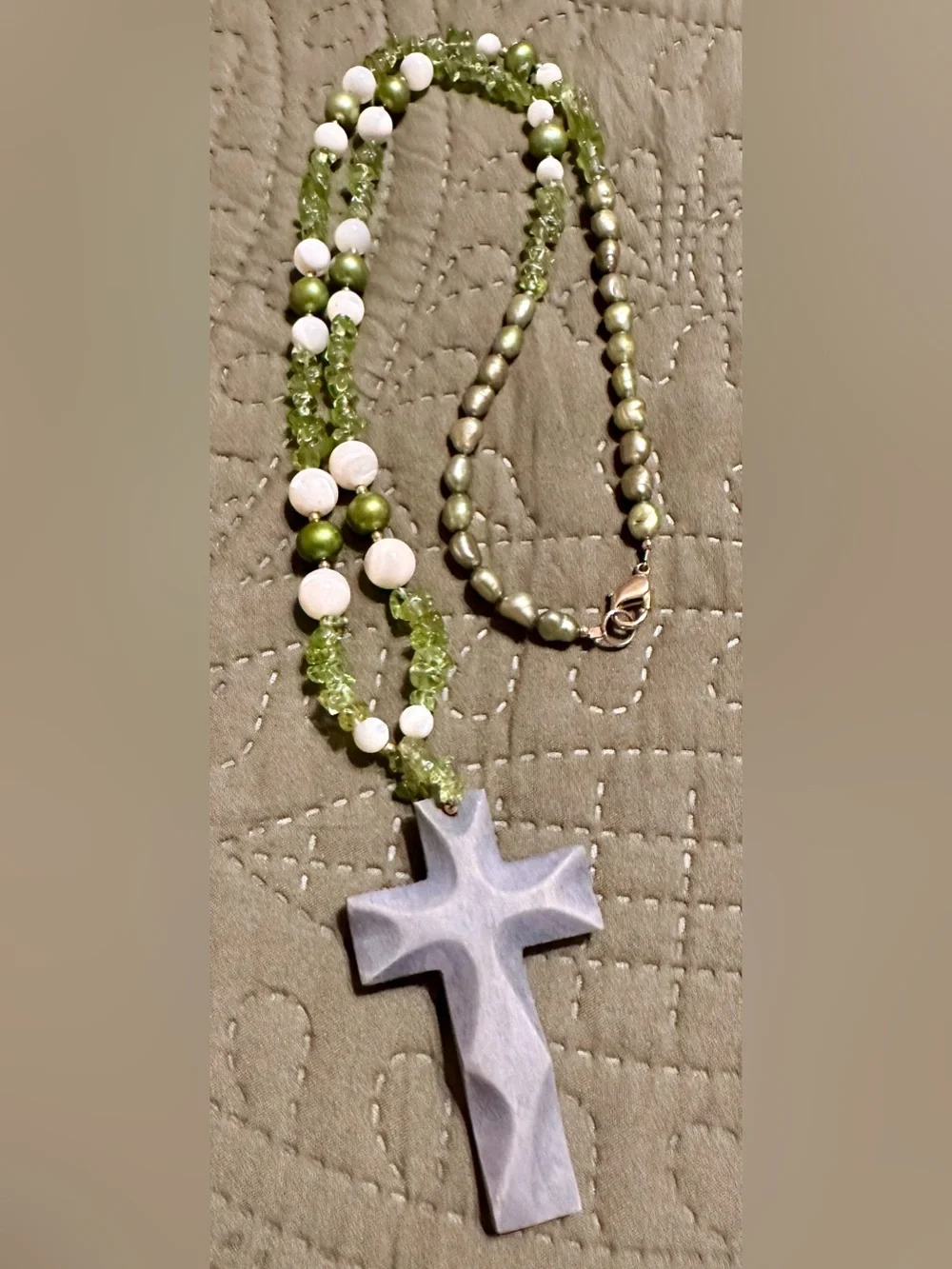 Green Beaded Cross Pendant Necklace